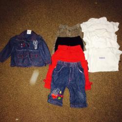 Bundle of girls 6-12 mth clothes. 1 x Next summer trousers, 3 M&S short bodysuits, rest unbranded.