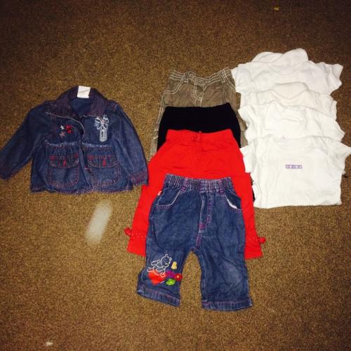 Bundle of girls 6-12 mth clothes. 1 x Next summer trousers, 3 M&S short bodysuits, rest unbranded.