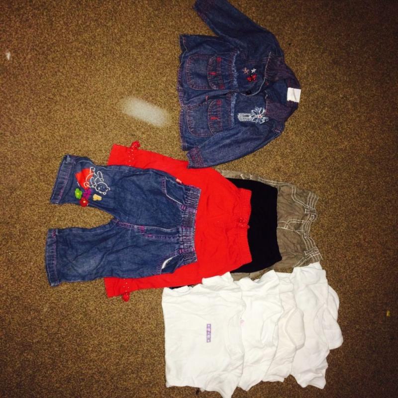 Bundle of girls 6-12 mth clothes. 1 x Next summer trousers, 3 M&S short bodysuits, rest unbranded.