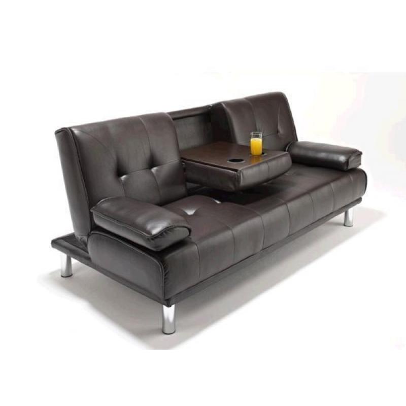 **CINEMA SOFA BED** Brand New 3 Seater Leather Sleeper with Cup Holder, Click Clack Small Double Bed