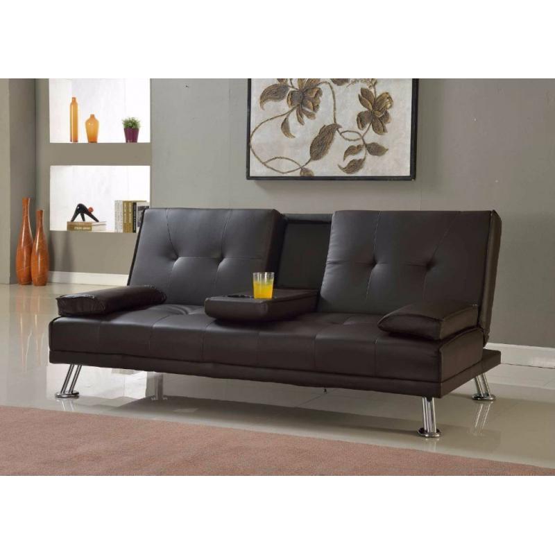 **CINEMA SOFA BED** Brand New 3 Seater Leather Sleeper with Cup Holder, Click Clack Small Double Bed