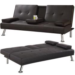 **CINEMA SOFA BED** Brand New 3 Seater Leather Sleeper with Cup Holder, Click Clack Small Double Bed