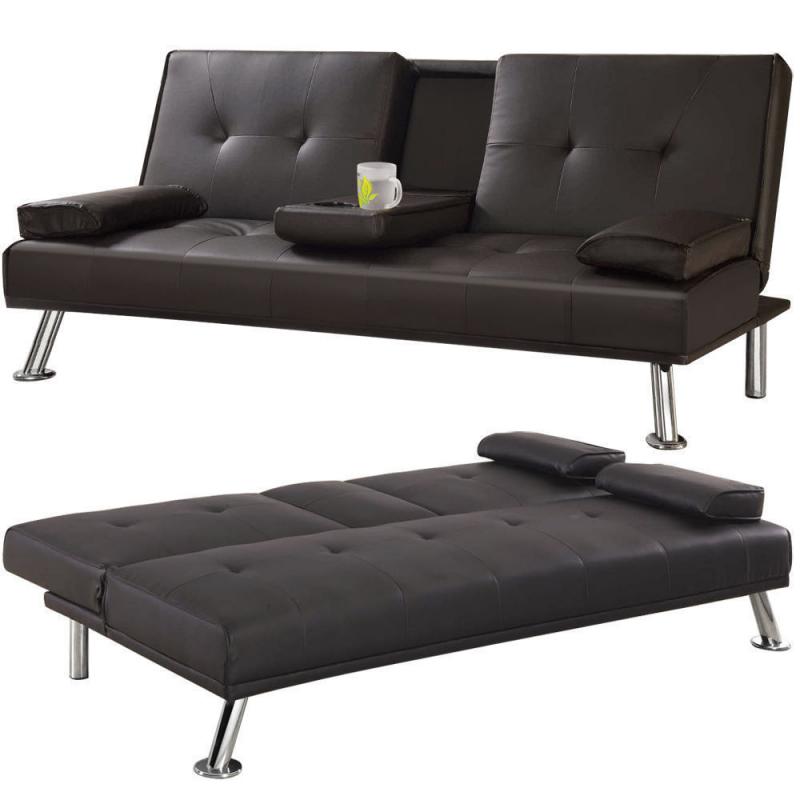 **CINEMA SOFA BED** Brand New 3 Seater Leather Sleeper with Cup Holder, Click Clack Small Double Bed