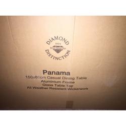 Brand New Patio Dining Table Rattan Glass Top Blue Diamond Panama flat packed 150cm by 80cm