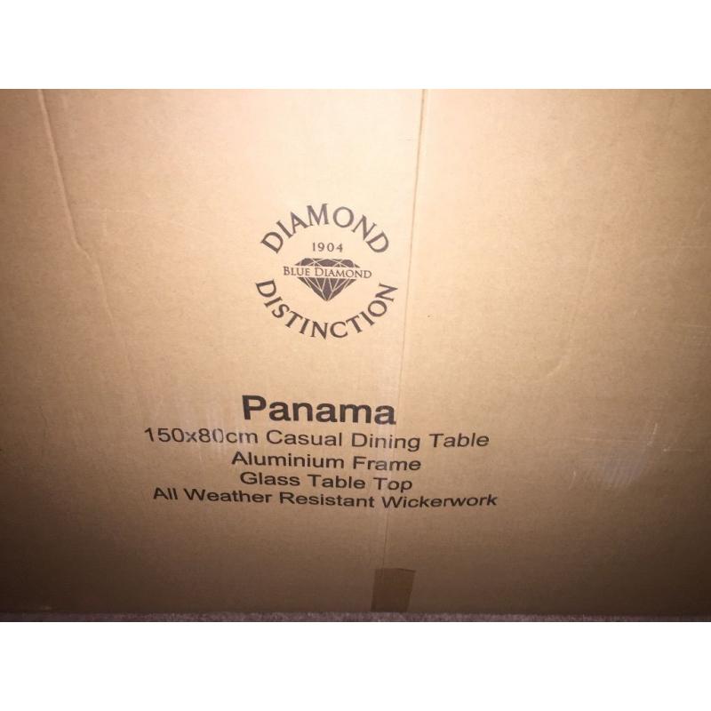 Brand New Patio Dining Table Rattan Glass Top Blue Diamond Panama flat packed 150cm by 80cm