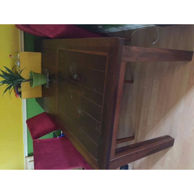 large mahagony very sturdy 6-8 seater dining table and 6 high fabric chairs