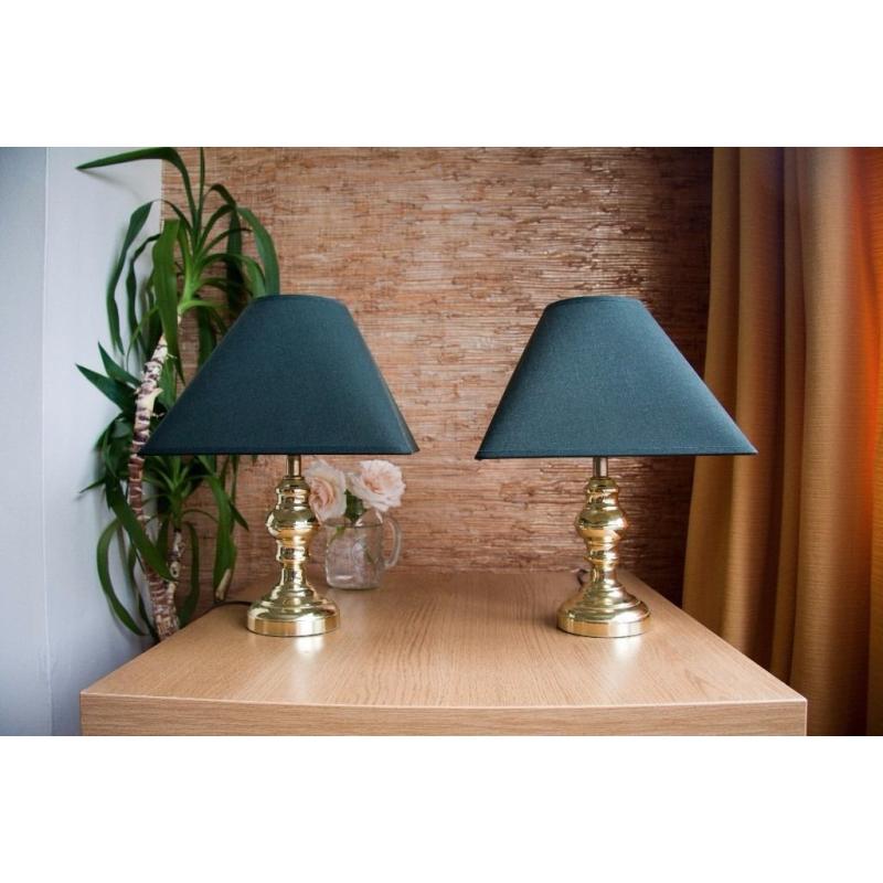 Pair of table/bedside lamps. Gold effect stand with dark green shades
