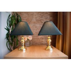 Pair of table/bedside lamps. Gold effect stand with dark green shades