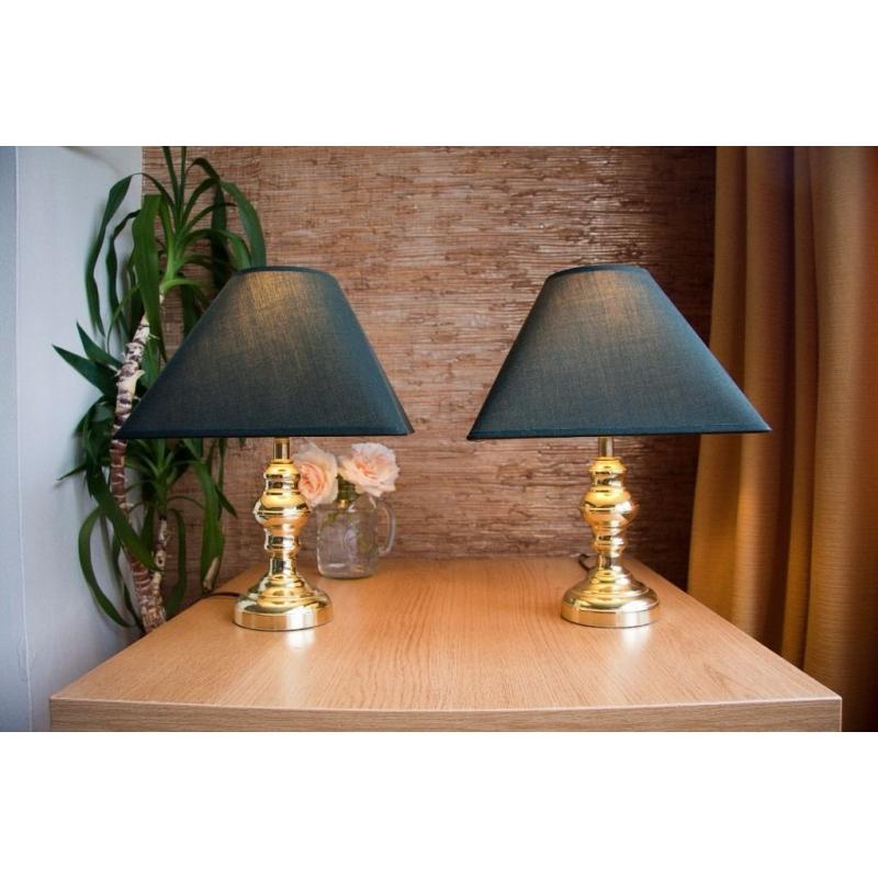 Pair of table/bedside lamps. Gold effect stand with dark green shades