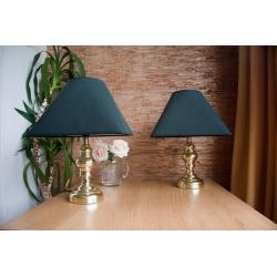 Pair of table/bedside lamps. Gold effect stand with dark green shades