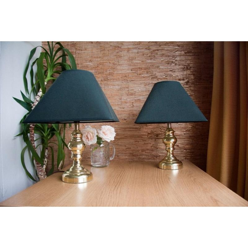Pair of table/bedside lamps. Gold effect stand with dark green shades