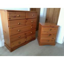 Pine chest of drawers and bedside cabinet