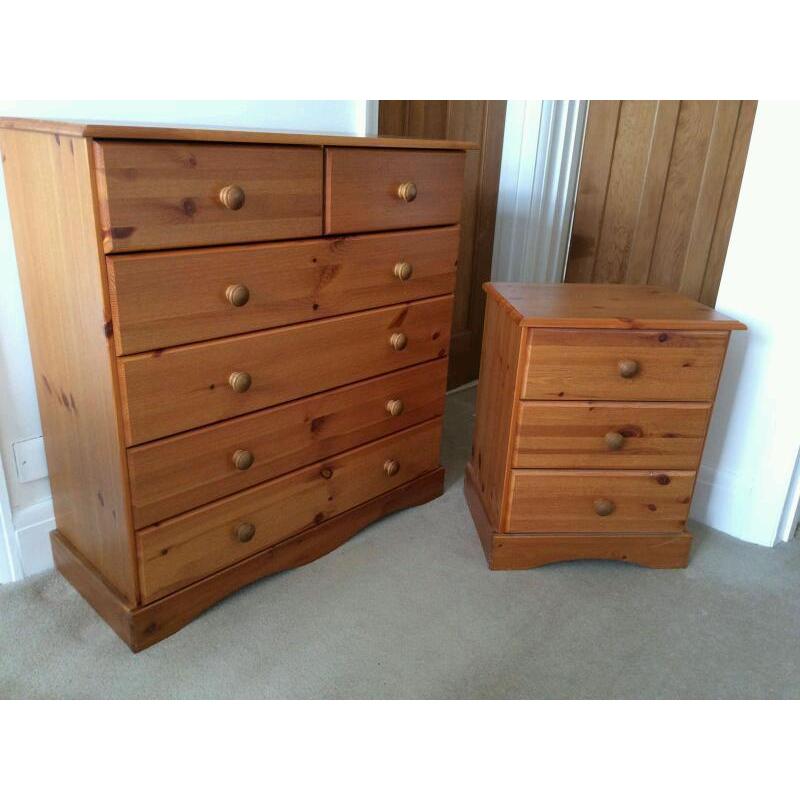 Pine chest of drawers and bedside cabinet