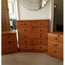Pine chest of drawers and bedside cabinet