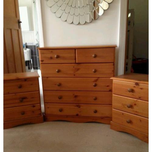 Pine chest of drawers and bedside cabinet