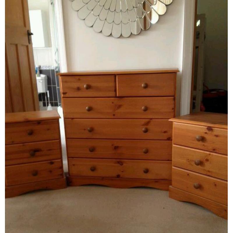 Pine chest of drawers and bedside cabinet