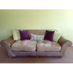 SOFAS & STOOL SET. leather and cushion 3-seater and 2-seater sofas with matching stool/chest.