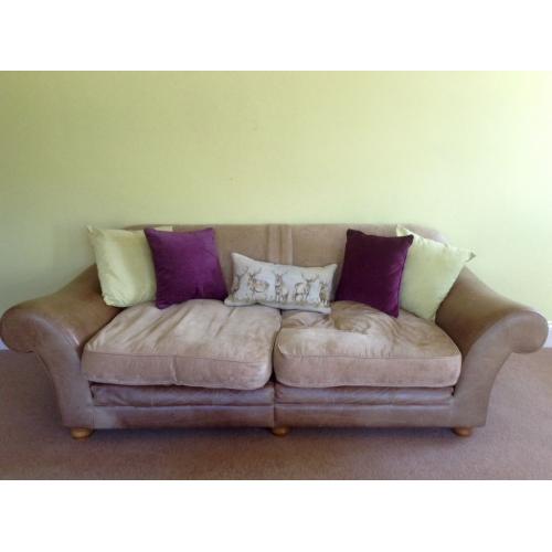 SOFAS & STOOL SET. leather and cushion 3-seater and 2-seater sofas with matching stool/chest.