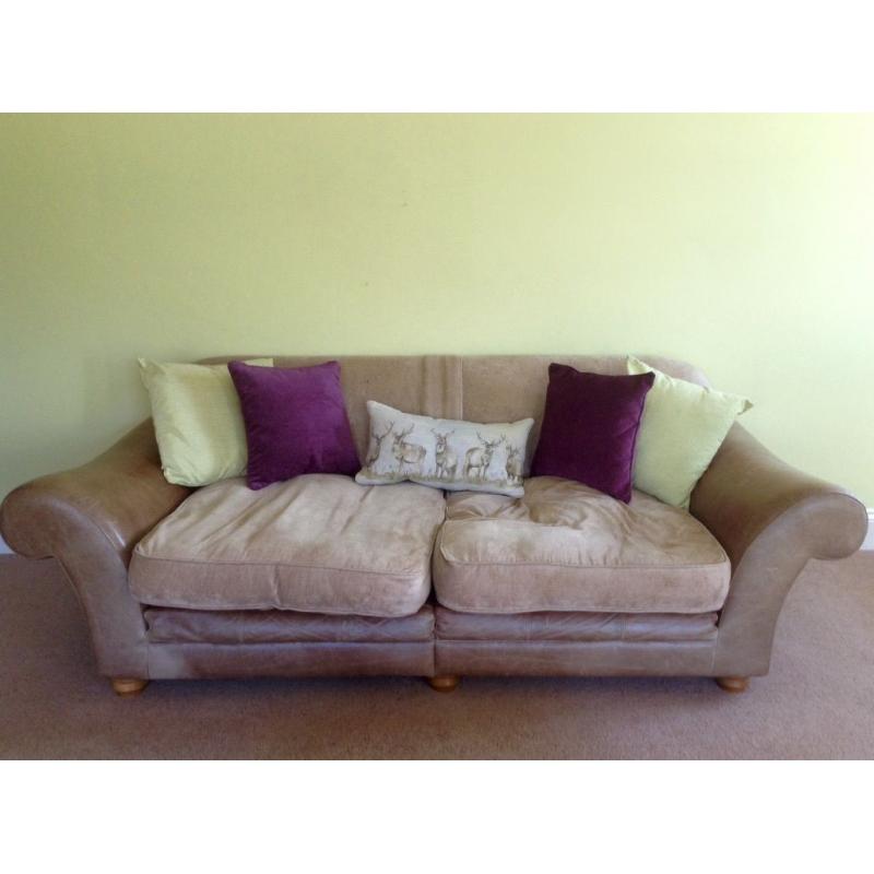 SOFAS & STOOL SET. leather and cushion 3-seater and 2-seater sofas with matching stool/chest.