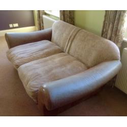 SOFAS & STOOL SET. leather and cushion 3-seater and 2-seater sofas with matching stool/chest.
