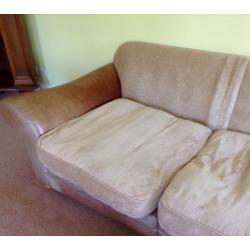 SOFAS & STOOL SET. leather and cushion 3-seater and 2-seater sofas with matching stool/chest.