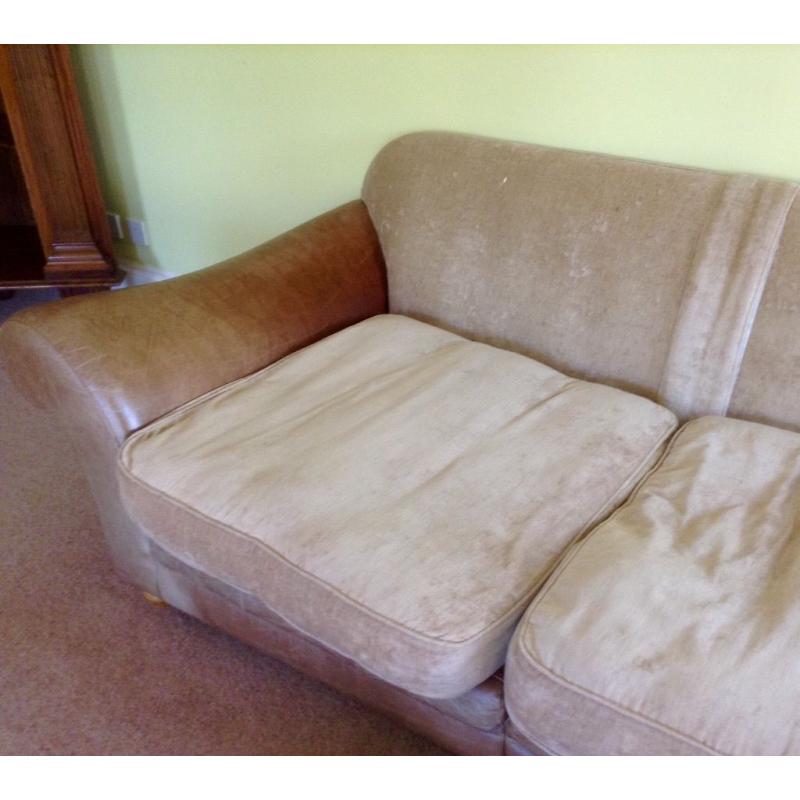 SOFAS & STOOL SET. leather and cushion 3-seater and 2-seater sofas with matching stool/chest.