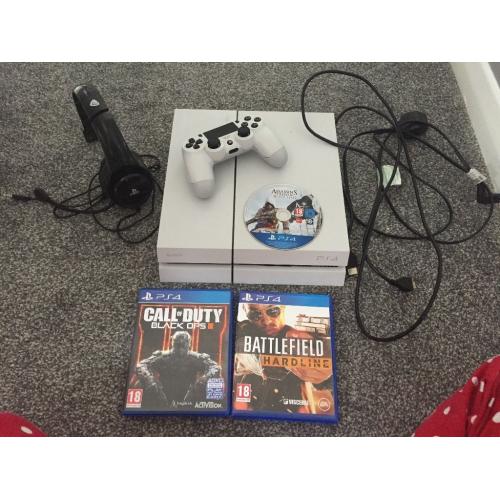 White playstation 4 with controller headset & 3games