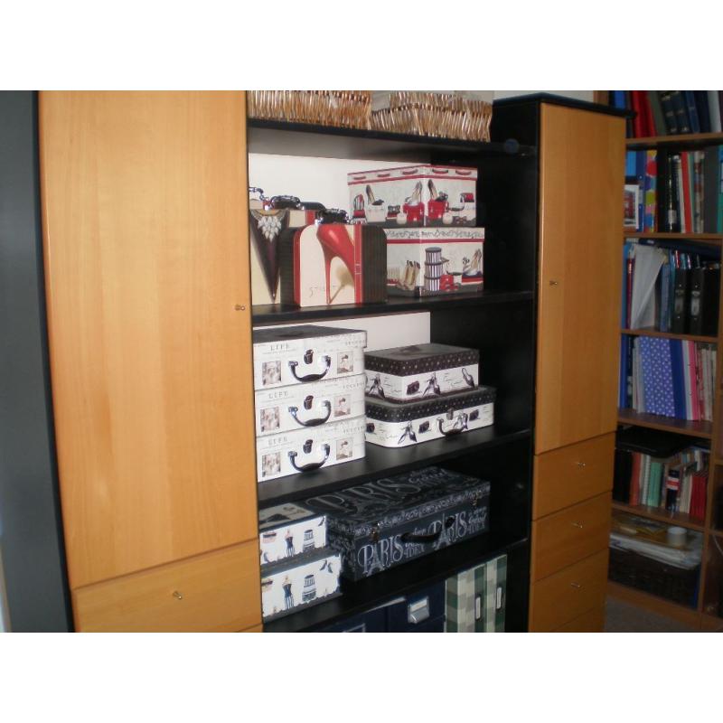 Contemporary display unit in beech with black shelves