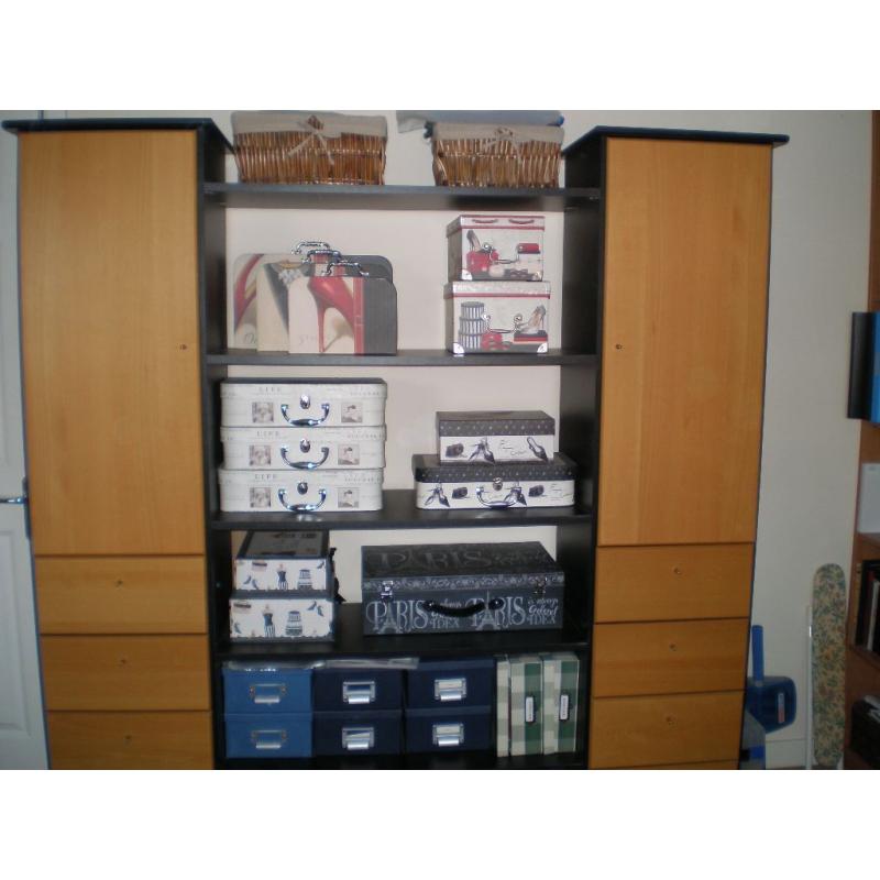 Contemporary display unit in beech with black shelves