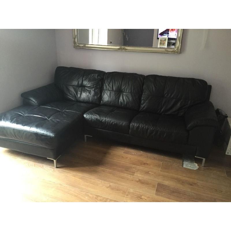Black Leather Chaise Sofa and Footstool