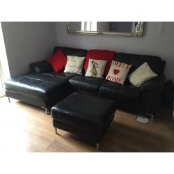 Black Leather Chaise Sofa and Footstool