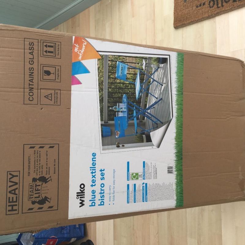 Blue garden bistro set 2 chairs & table. Brand new