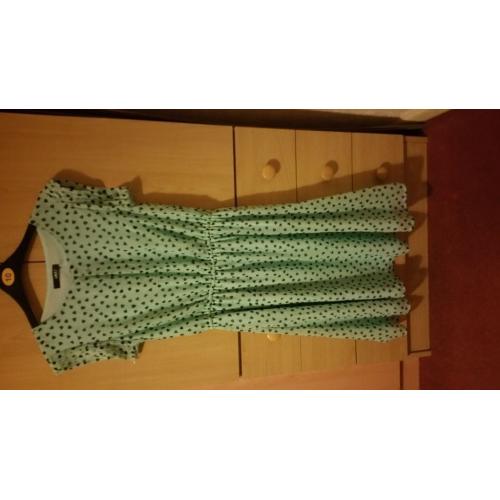Pale Green/Turquoise love heart print, knee length dress. UK size 8, more of a UK size 12.