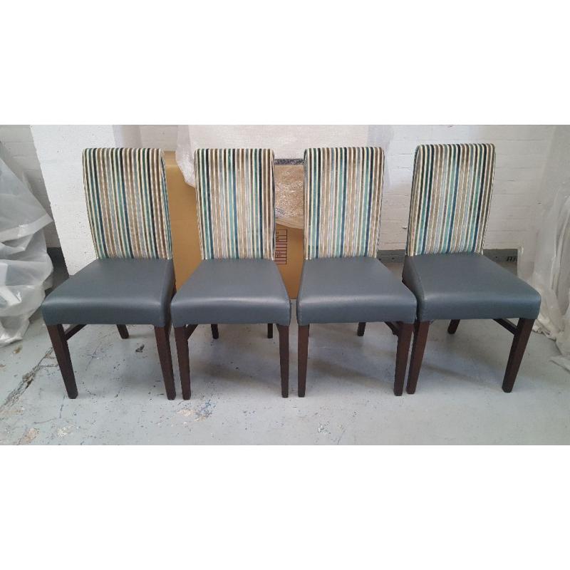 BRAND NEW 4 Dining Chairs In Grey Leather & Striped Fabric **CAN DELIVER**