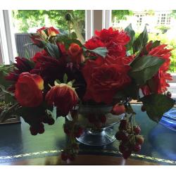 Beautiful BLOOMS artificial flower and fruit arrangement in glass bowl