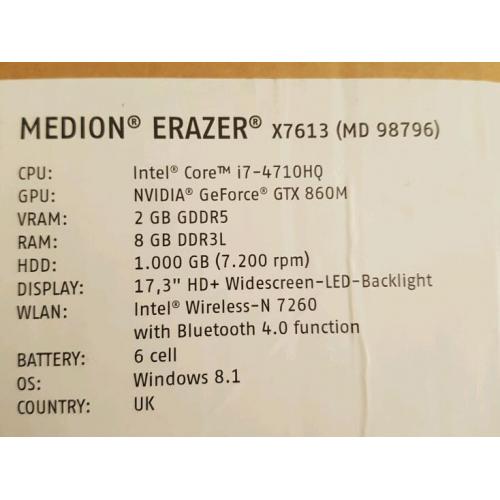 Medion Erazer Gaming notebook. Intel i7 8GB RAM etc