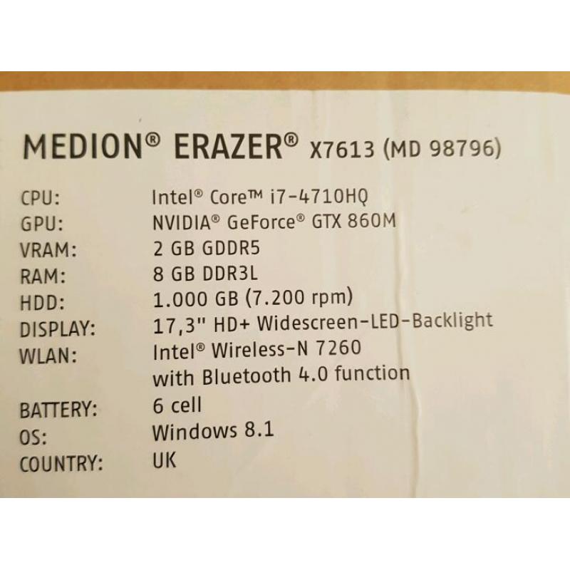Medion Erazer Gaming notebook. Intel i7 8GB RAM etc