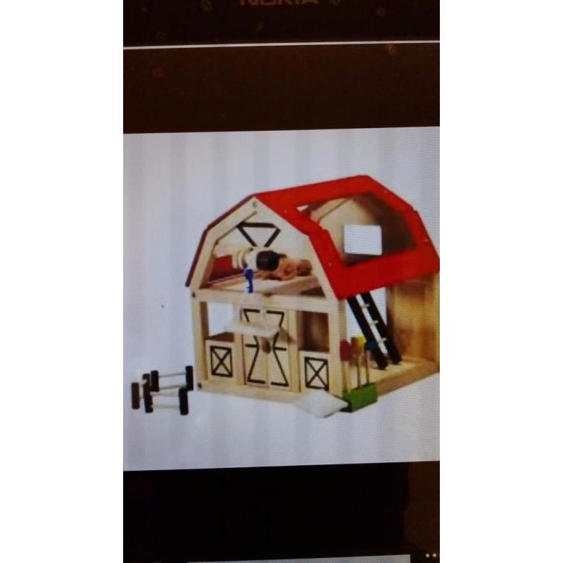 NEW plan toys wooden barn farm yard animals stables toy dolls house