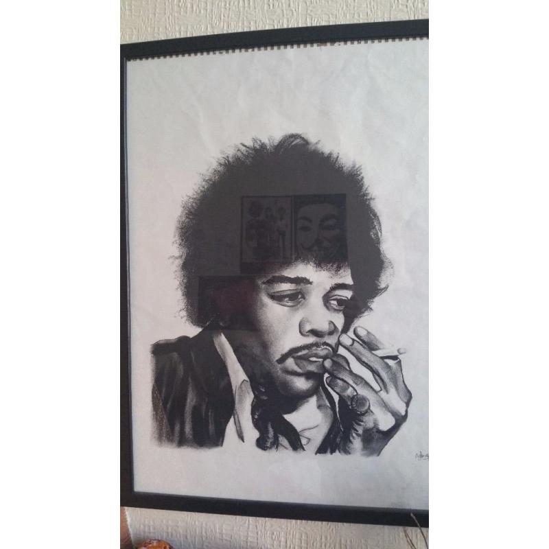 Hand drawn charcoal portraits, Jonny Cash and Jimi Hendrix