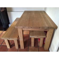 Oak Plank Kitchen Table & 2 Benches