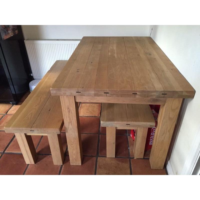 Oak Plank Kitchen Table & 2 Benches