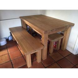 Oak Plank Kitchen Table & 2 Benches