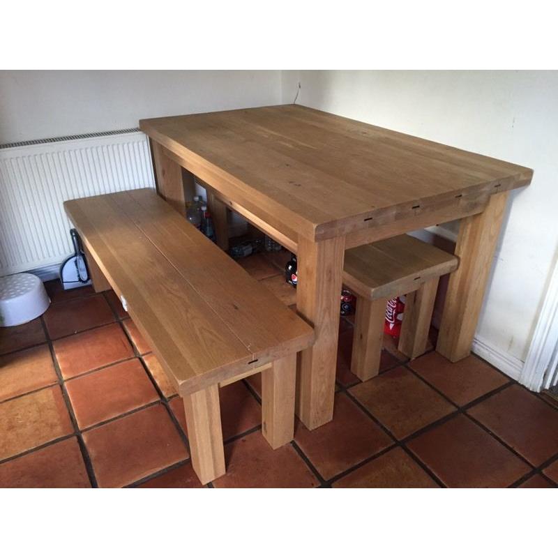 Oak Plank Kitchen Table & 2 Benches