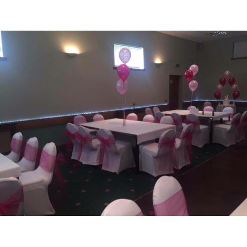 White chair covers 50 p hire bows all colours 50 p set up free weddings birthday engagements ect