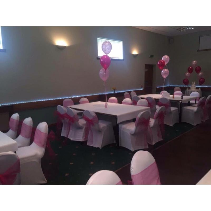 White chair covers 50 p hire bows all colours 50 p set up free weddings birthday engagements ect