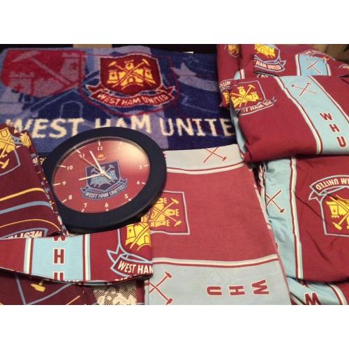West Ham Curtains, single duvets, mat and clock