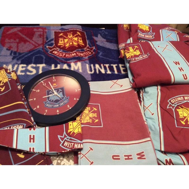 West Ham Curtains, single duvets, mat and clock