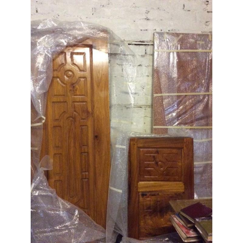 Carved Hardwood (teak) Double doors + 2 matching carved panels STUNNING SET