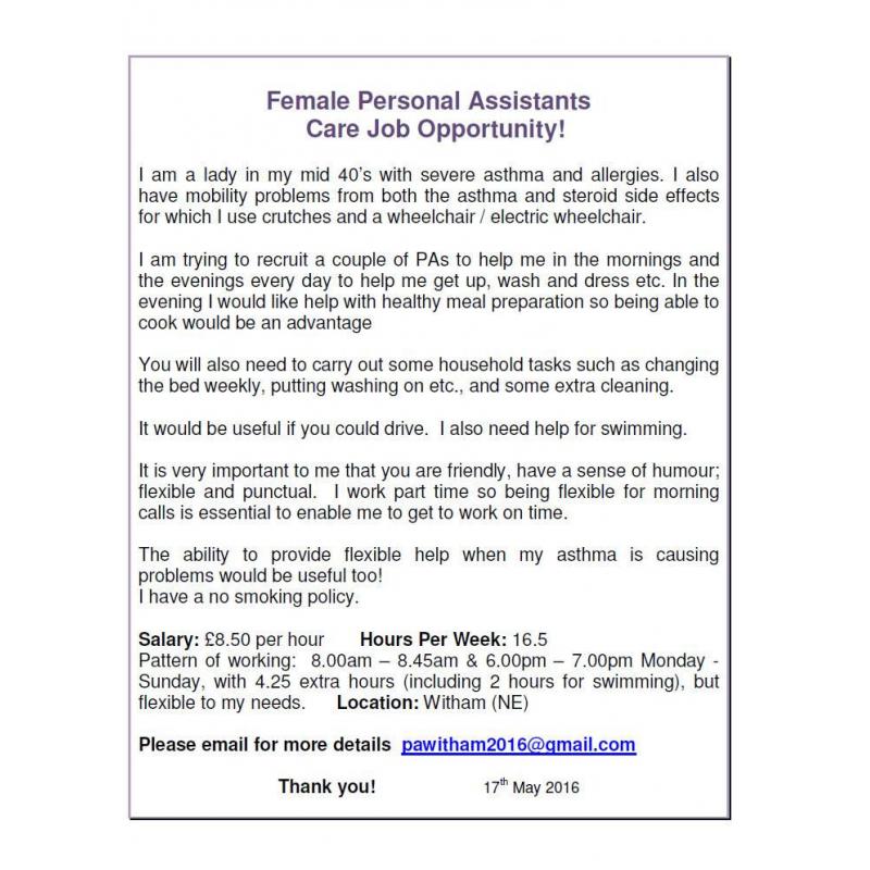 Female PA Care 16 hrs - job share