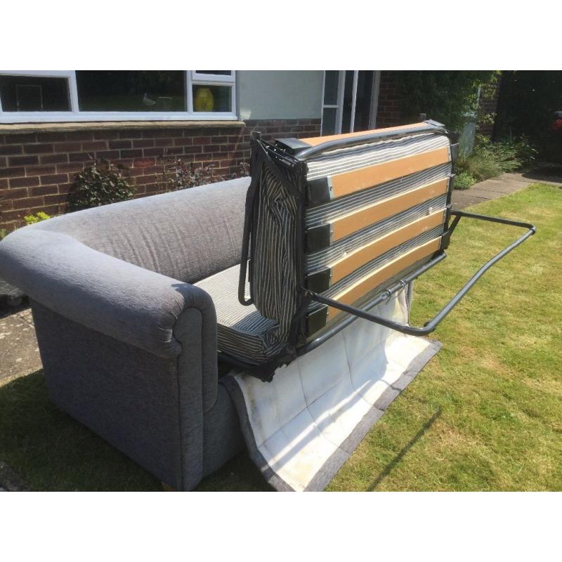 Chesterfield sofa bed - beech framed blue chenille with beech feet